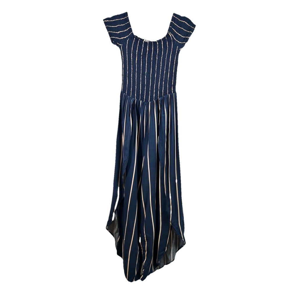 Justify Navy Striped Smocked Jumpsuit M Boho Wide Split Leg Coastal Grandma‎